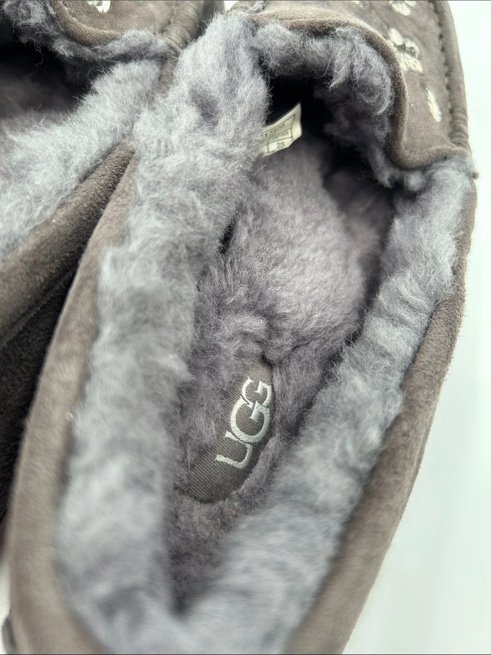 UGG Ansley Blossom Gray Suede Moccasin Slippers with Plush Shearling Lining - Picture 2 of 16